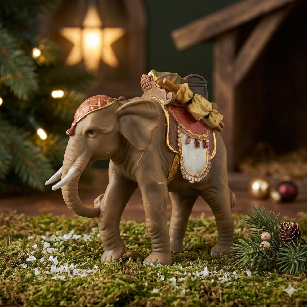 Handbemalte Krippenfigur Elefant mit Gepäck, ca. 15,5 cm, T 081